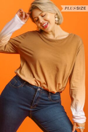Ombre Long-Sleeve Top with Gathered Front – Warm Camel (Plus Size)