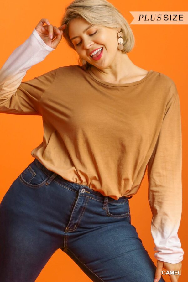 Ombre Long-Sleeve Top with Gathered Front – Warm Camel (Plus Size)