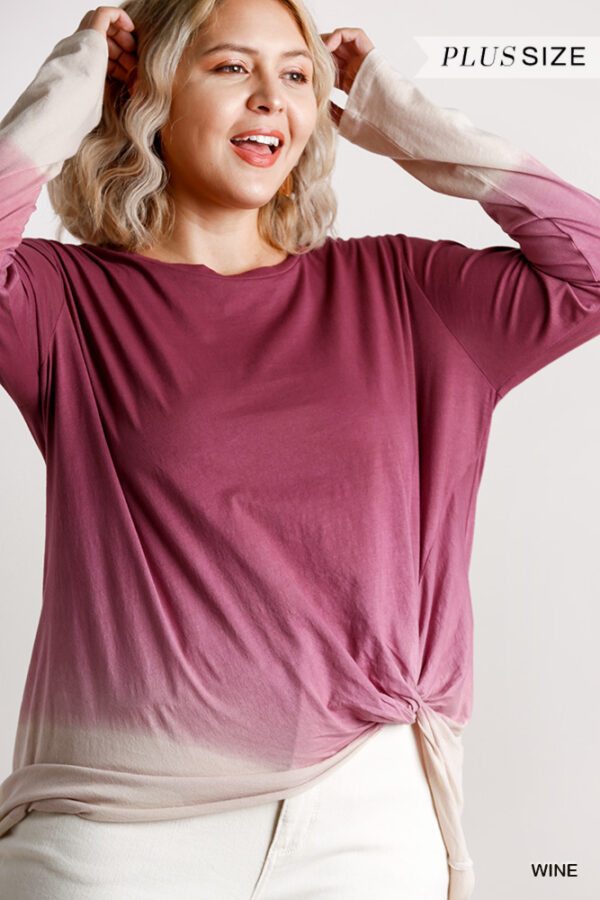 Ombre Long-Sleeve Top with Gathered Front – Wine (Plus Size)