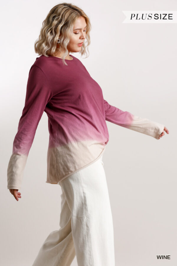 Ombre Long-Sleeve Top with Gathered Front – Wine (Plus Size)
