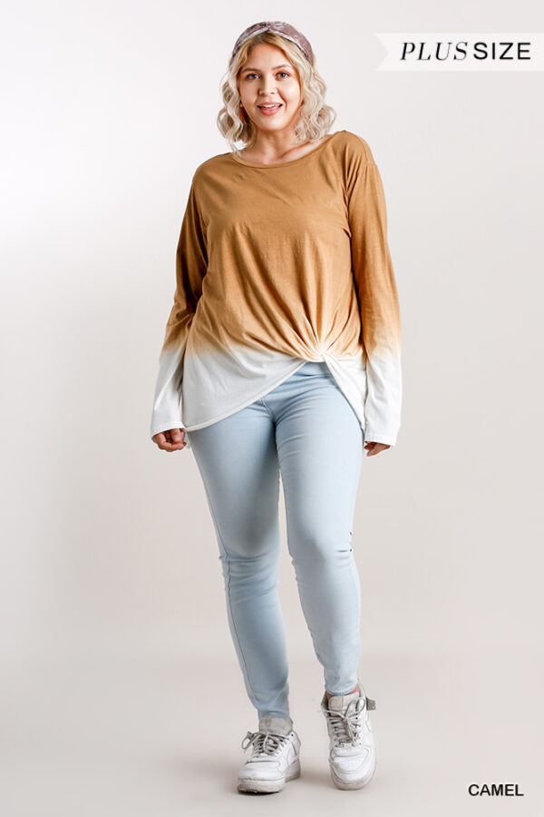 Ombre Long-Sleeve Top with Gathered Front – Warm Camel (Plus Size)