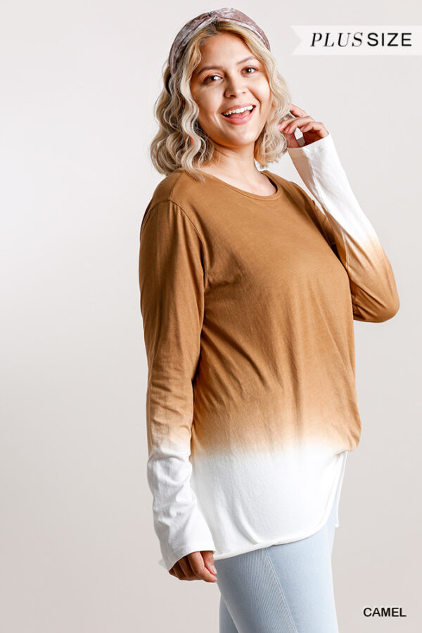 Ombre Long-Sleeve Top with Gathered Front – Warm Camel (Plus Size)