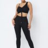 Mesh Strappy Ruched Crop Top & Side-Panel Leggings Set – Black