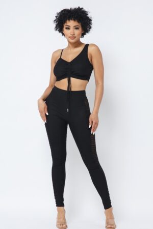 Mesh Strappy Ruched Crop Top & Side-Panel Leggings Set – Black