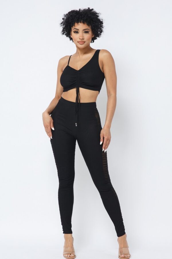 Mesh Strappy Ruched Crop Top & Side-Panel Leggings Set – Black
