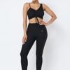 Mesh Strappy Ruched Crop Top & Side-Panel Leggings Set – Black