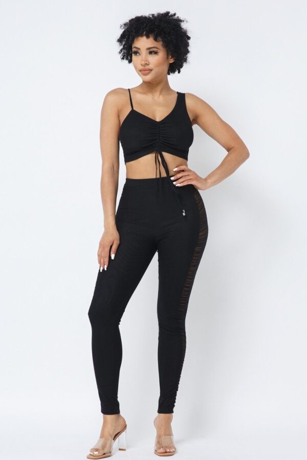 Mesh Strappy Ruched Crop Top & Side-Panel Leggings Set – Black