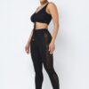 Mesh Strappy Ruched Crop Top & Side-Panel Leggings Set – Black