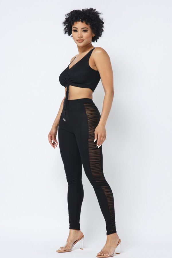 Mesh Strappy Ruched Crop Top & Side-Panel Leggings Set – Black