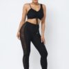 Mesh Strappy Ruched Crop Top & Side-Panel Leggings Set – Black