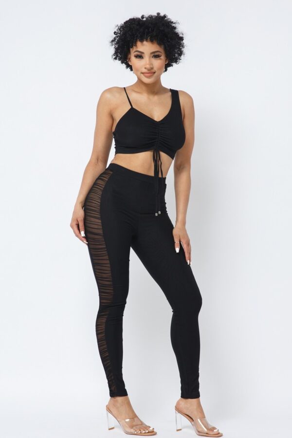 Mesh Strappy Ruched Crop Top & Side-Panel Leggings Set – Black