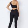 Mesh Strappy Ruched Crop Top & Side-Panel Leggings Set – Black
