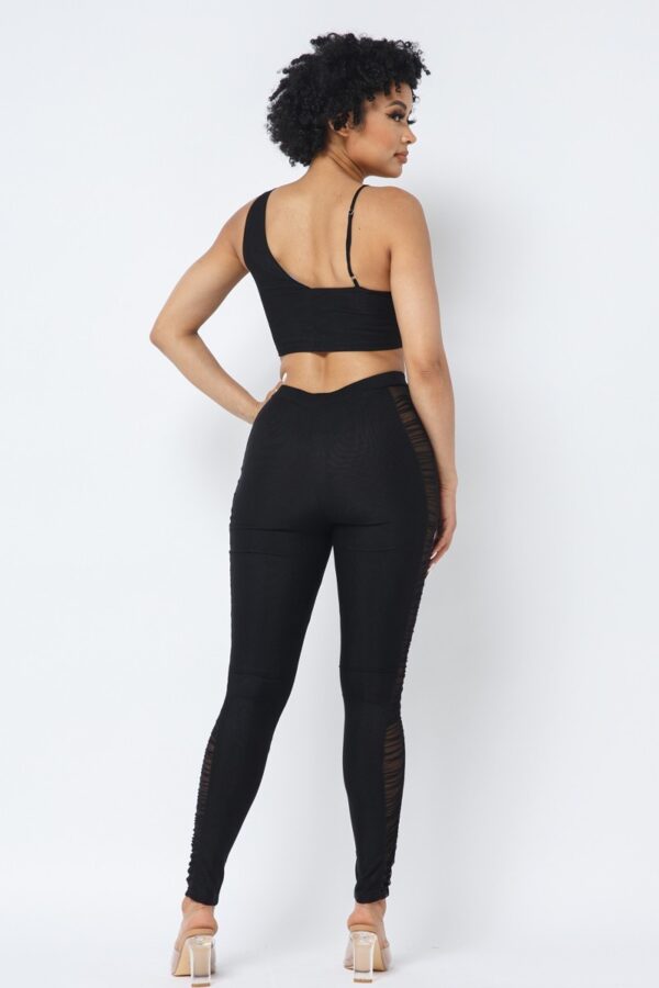 Mesh Strappy Ruched Crop Top & Side-Panel Leggings Set – Black