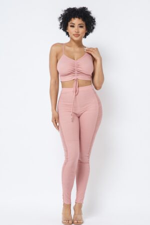 Mesh Strappy Ruched Crop Top & See-Through Side Leggings – Rose
