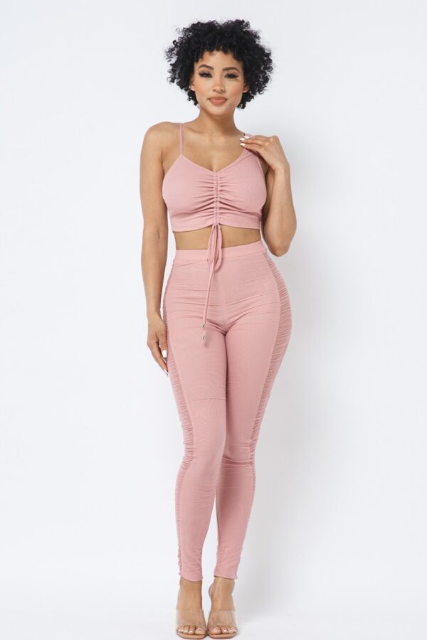 Mesh Strappy Ruched Crop Top & See-Through Side Leggings – Rose