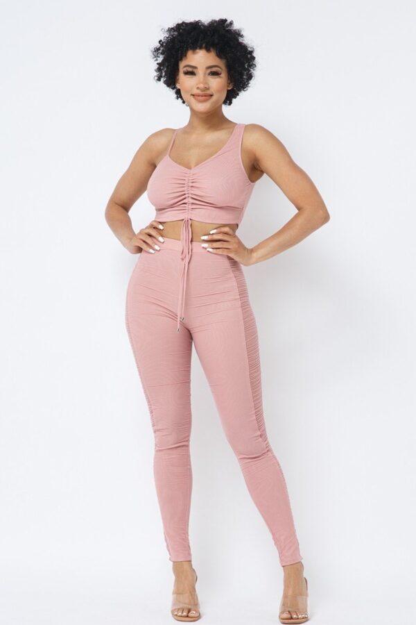 Mesh Strappy Ruched Crop Top & See-Through Side Leggings – Rose