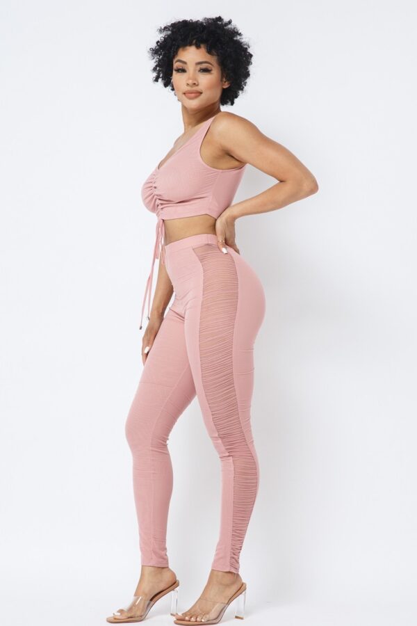 Mesh Strappy Ruched Crop Top & See-Through Side Leggings – Rose