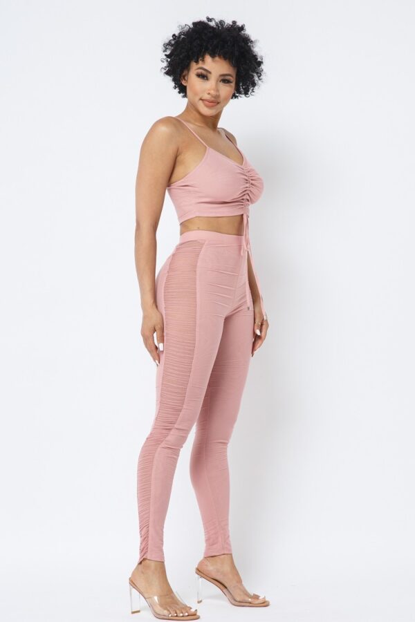 Mesh Strappy Ruched Crop Top & See-Through Side Leggings – Rose