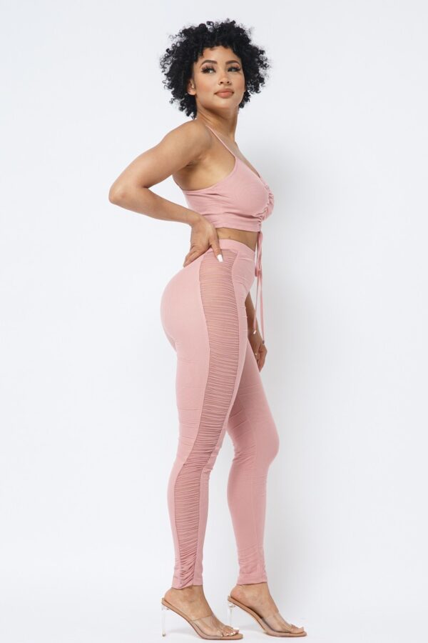 Mesh Strappy Ruched Crop Top & See-Through Side Leggings – Rose