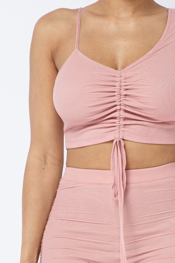 Mesh Strappy Ruched Crop Top & See-Through Side Leggings – Rose