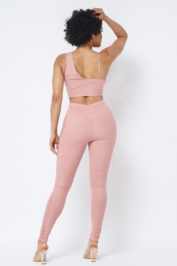 Mesh Strappy Ruched Crop Top & See-Through Side Leggings – Rose