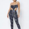 Mesh Print Crop Top & Leggings Set with Chain Halter – Black