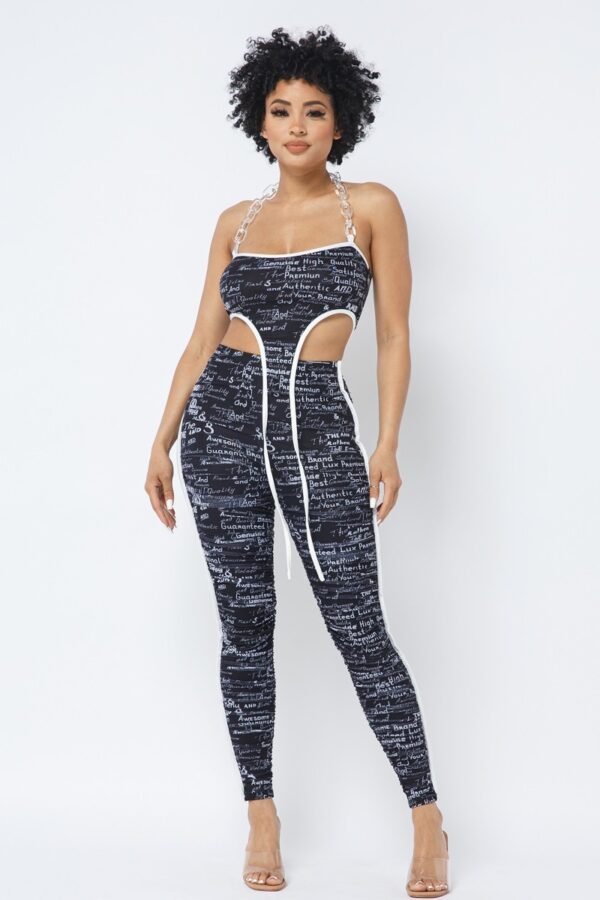Mesh Print Crop Top & Leggings Set with Chain Halter – Black