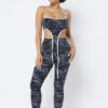 Mesh Print Crop Top & Leggings Set with Chain Halter – Black