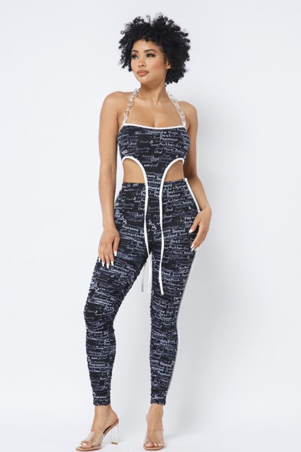 Mesh Print Crop Top & Leggings Set with Chain Halter – Black