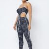 Mesh Print Crop Top & Leggings Set with Chain Halter – Black