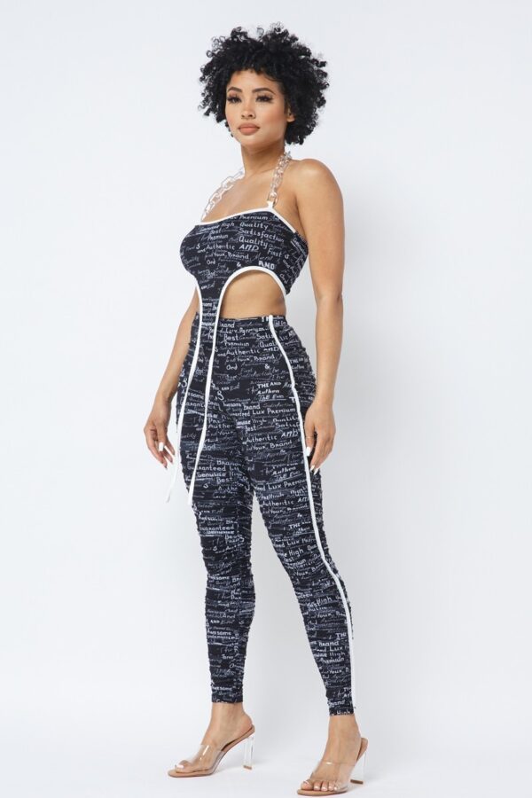 Mesh Print Crop Top & Leggings Set with Chain Halter – Black