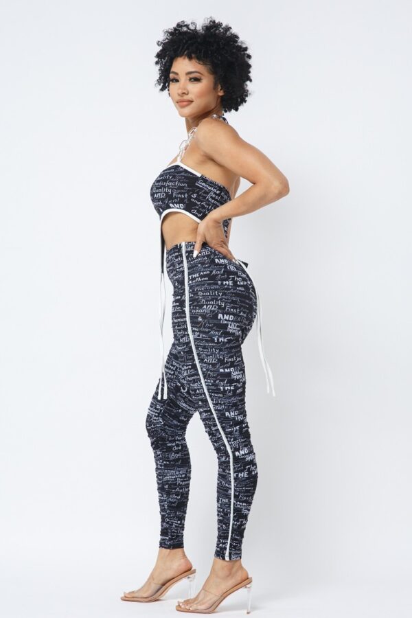 Mesh Print Crop Top & Leggings Set with Chain Halter – Black
