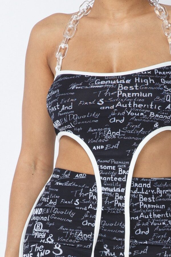 Mesh Print Crop Top & Leggings Set with Chain Halter – Black