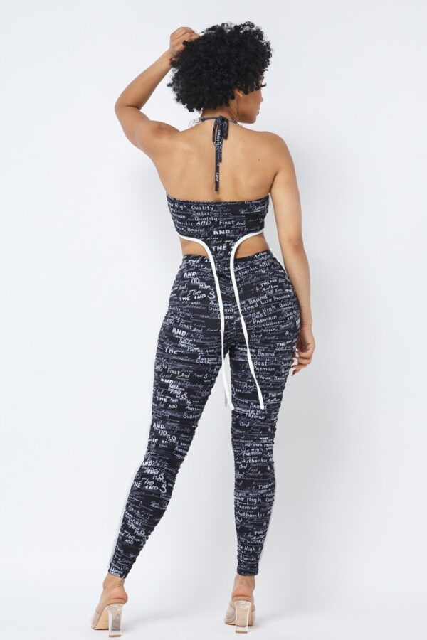 Mesh Print Crop Top & Leggings Set with Chain Halter – Black