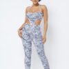 Mesh Print Crop Top Set with Plastic Chain Halter – White