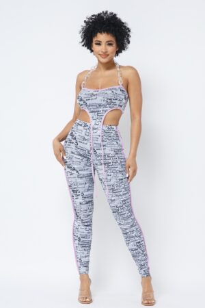 Mesh Print Crop Top Set with Plastic Chain Halter – White