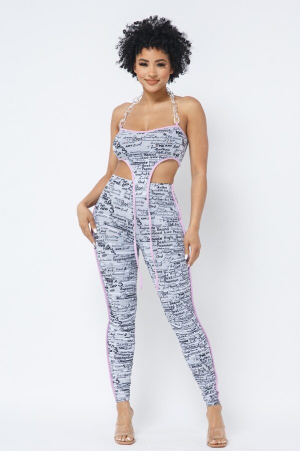 Mesh Print Crop Top Set with Plastic Chain Halter – White