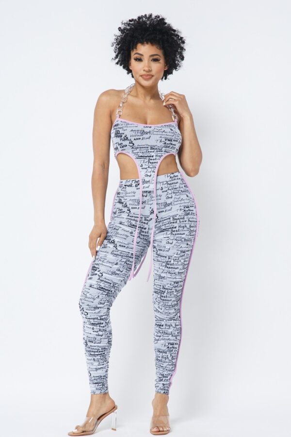 Mesh Print Crop Top Set with Plastic Chain Halter – White