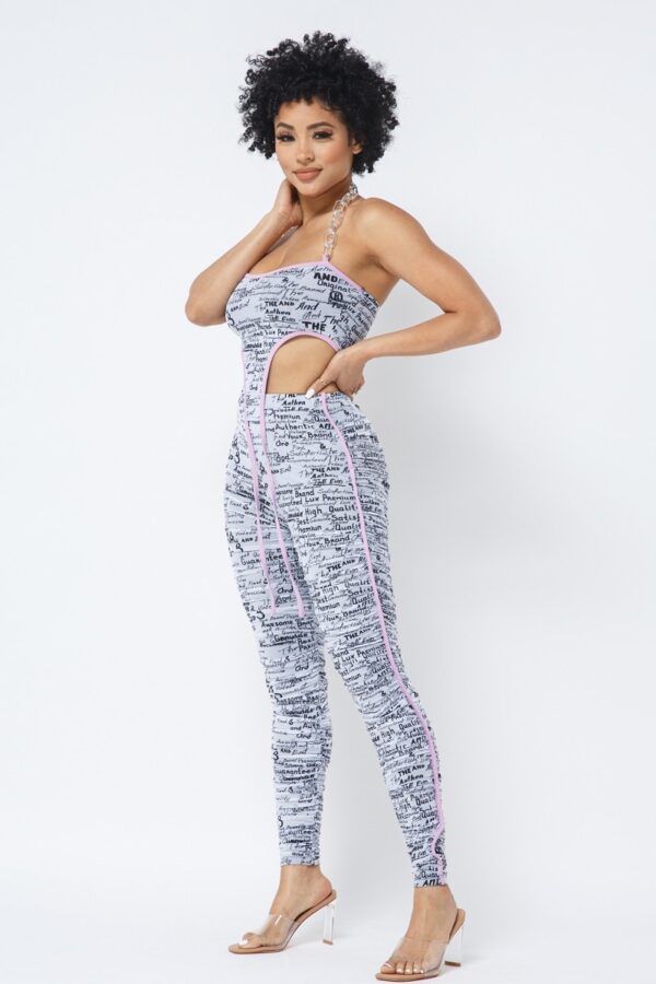 Mesh Print Crop Top Set with Plastic Chain Halter – White