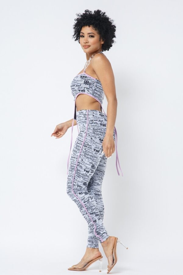 Mesh Print Crop Top Set with Plastic Chain Halter – White