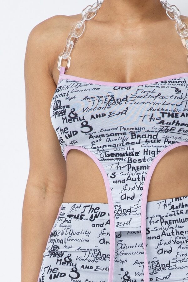 Mesh Print Crop Top Set with Plastic Chain Halter – White