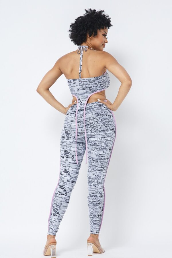 Mesh Print Crop Top Set with Plastic Chain Halter – White