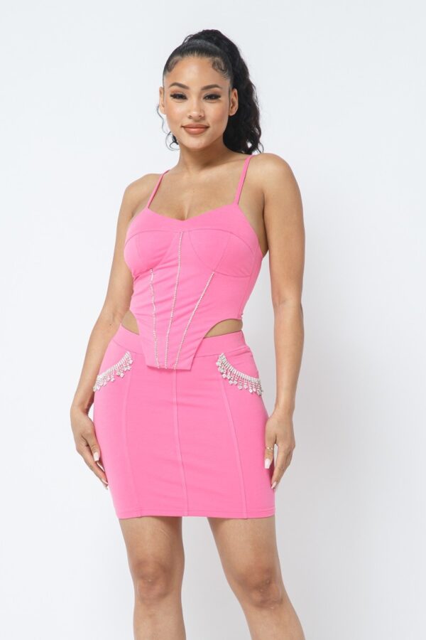 Rhinestone Strappy Cropped Top & Pocket Mini Skirt Set – Pink