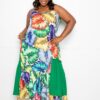 Splice Tropical Plus Size Dress – Marble Print Tiered (Multi/Green)