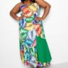 Splice Tropical Plus Size Dress – Marble Print Tiered (Multi/Green)