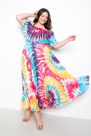 Tie Dye Off-Shoulder Pleated Maxi Dress – Plus Size