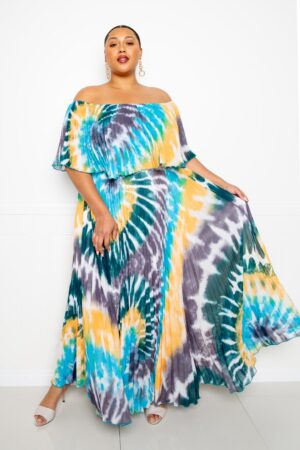 Plus Size Tie Dye Off-Shoulder Pleated Maxi Dress