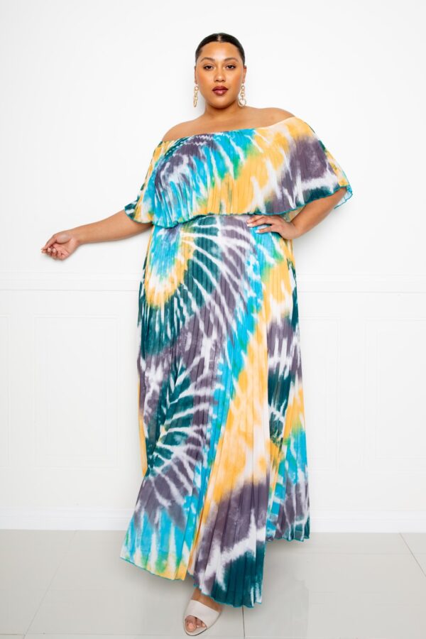 Plus Size Tie Dye Off-Shoulder Pleated Maxi Dress