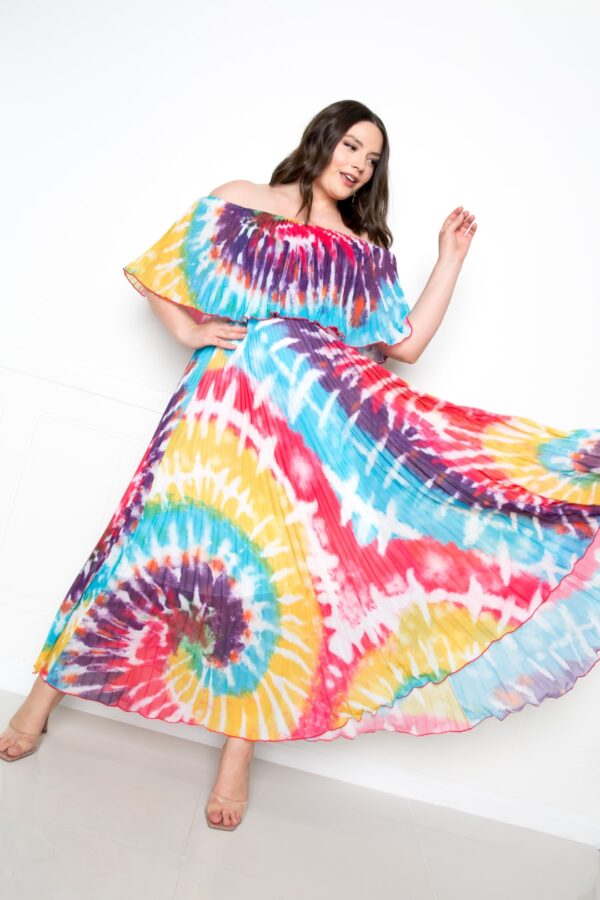 Tie Dye Off-Shoulder Pleated Maxi Dress – Plus Size