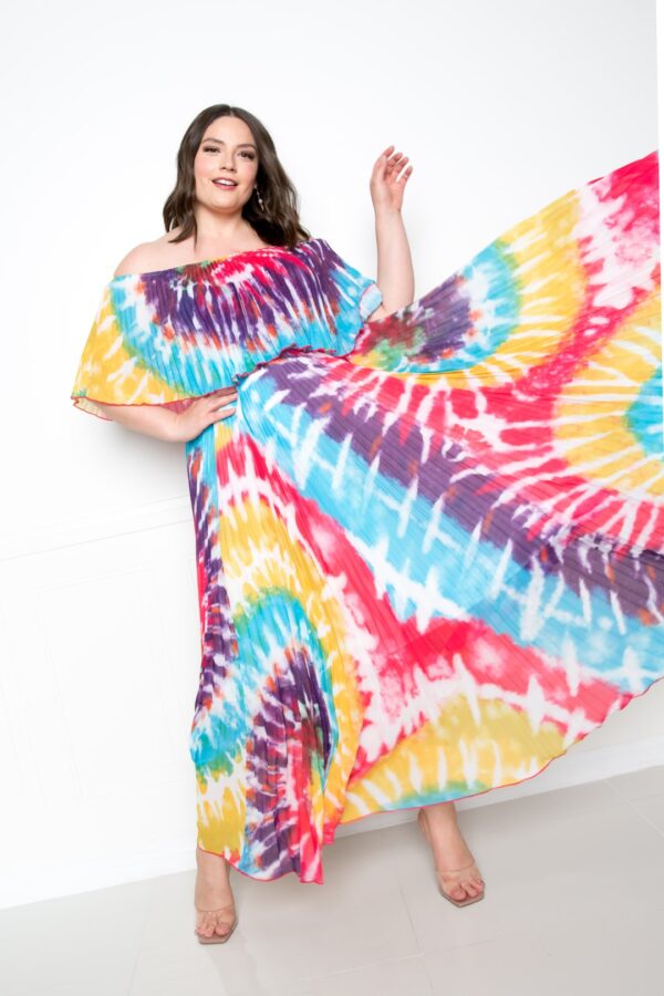 Tie Dye Off-Shoulder Pleated Maxi Dress – Plus Size